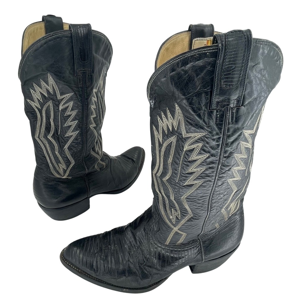 Montana Black Leather Cowboy Boots Western Exotic Lizard Pointed Toe Men's 10